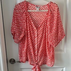 Soulmates Sheer Vibrant Orange and White Patterned tie Front Blouse Relaxed Fit